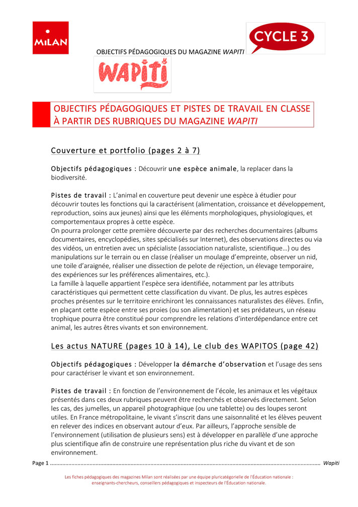 Fiche pédagogique planète Wapiti magazine